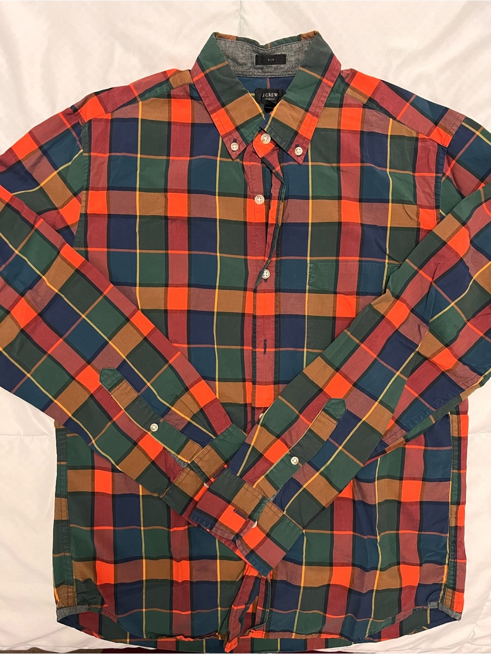 J. Crew Men's Orange, Green & Navy Plaid Button-Down Shirt